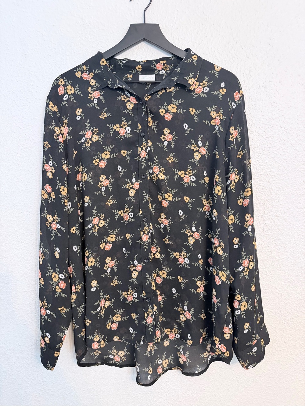 Abound Black Floral Button Front Sheer Blouse